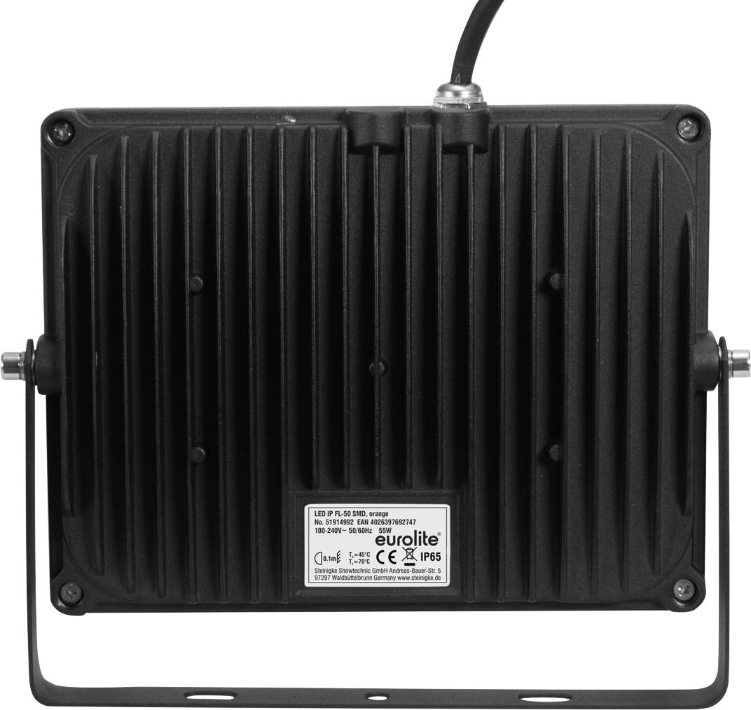 'LED Flood Light Eurolite IP65', black rear side with heat sinks, cable at the top, rotatable mounting brackets on the sides, manufacturer's logo and serial number.