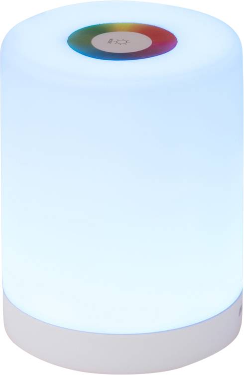 Cylindrical lamp with multi-coloured illumination and a touch control panel on top, currently displaying blue light. Perfect for creating atmospheric lighting.