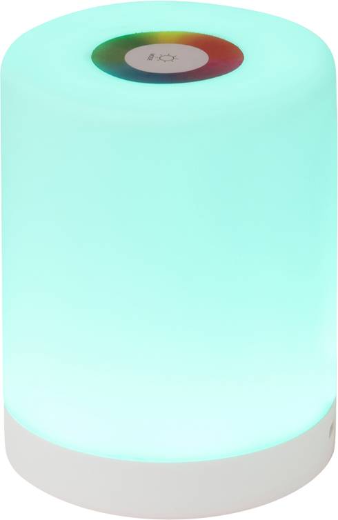 A round, illuminated speaker with colour-changing capabilities; on top, there is a control panel with symbols for light and colours.