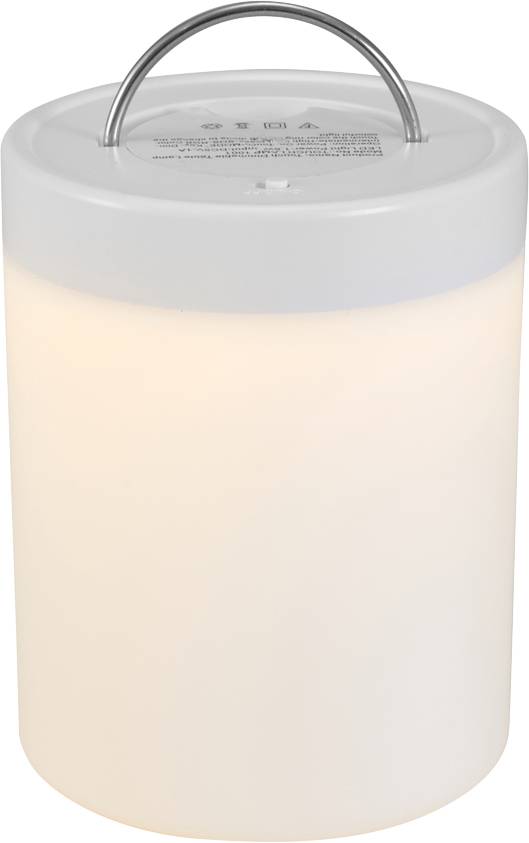 Portable white LED lamp with handle, cylindrical in shape. Ideal for indoor and outdoor lighting.