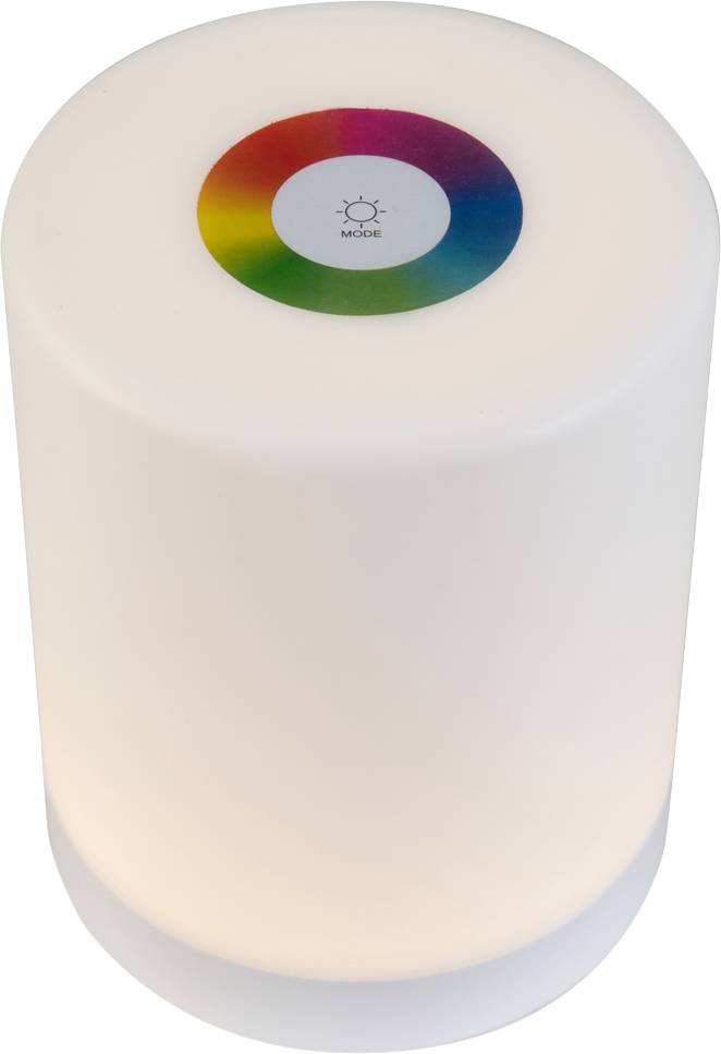 Cylindrical lamp with colour selection wheel on top; enables colour changing.