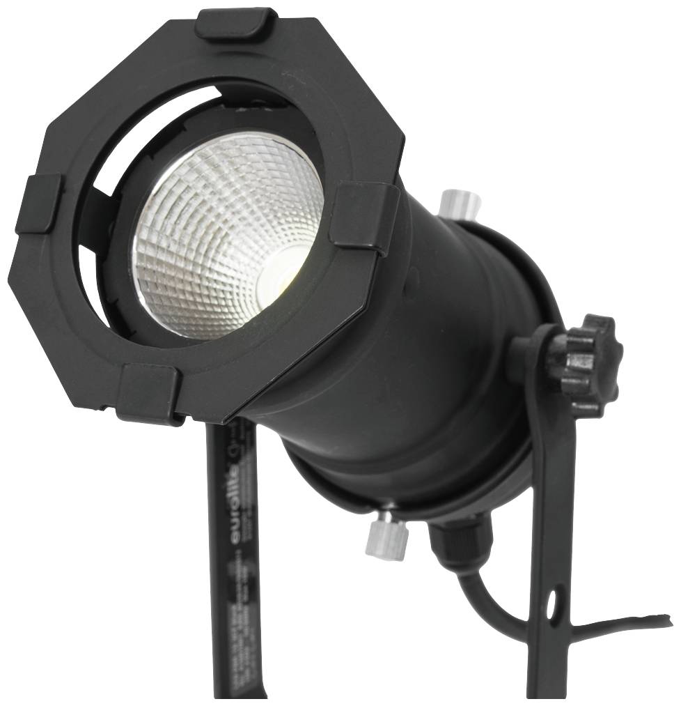 A black and silver stage spotlight with a round lamp, mounted on an adjustable stand.