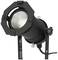A black and silver stage spotlight with a round lamp, mounted on an adjustable stand.
