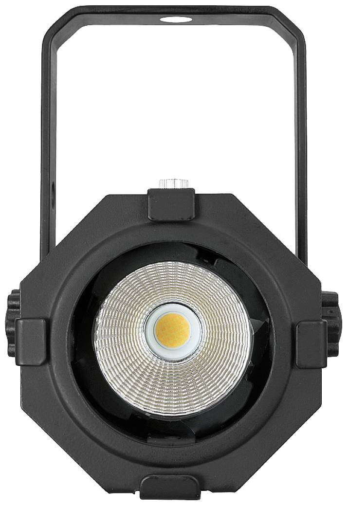 A black stage spotlight with a round LED light in the centre, mounted on a bracket, ready for installation.
