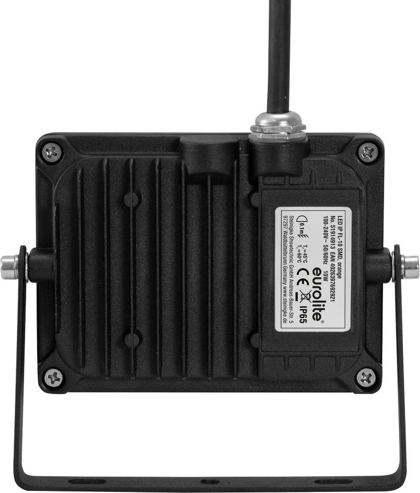 A black LED floodlight with a mounting bracket, with a label on the reverse side containing technical information and safety markings.