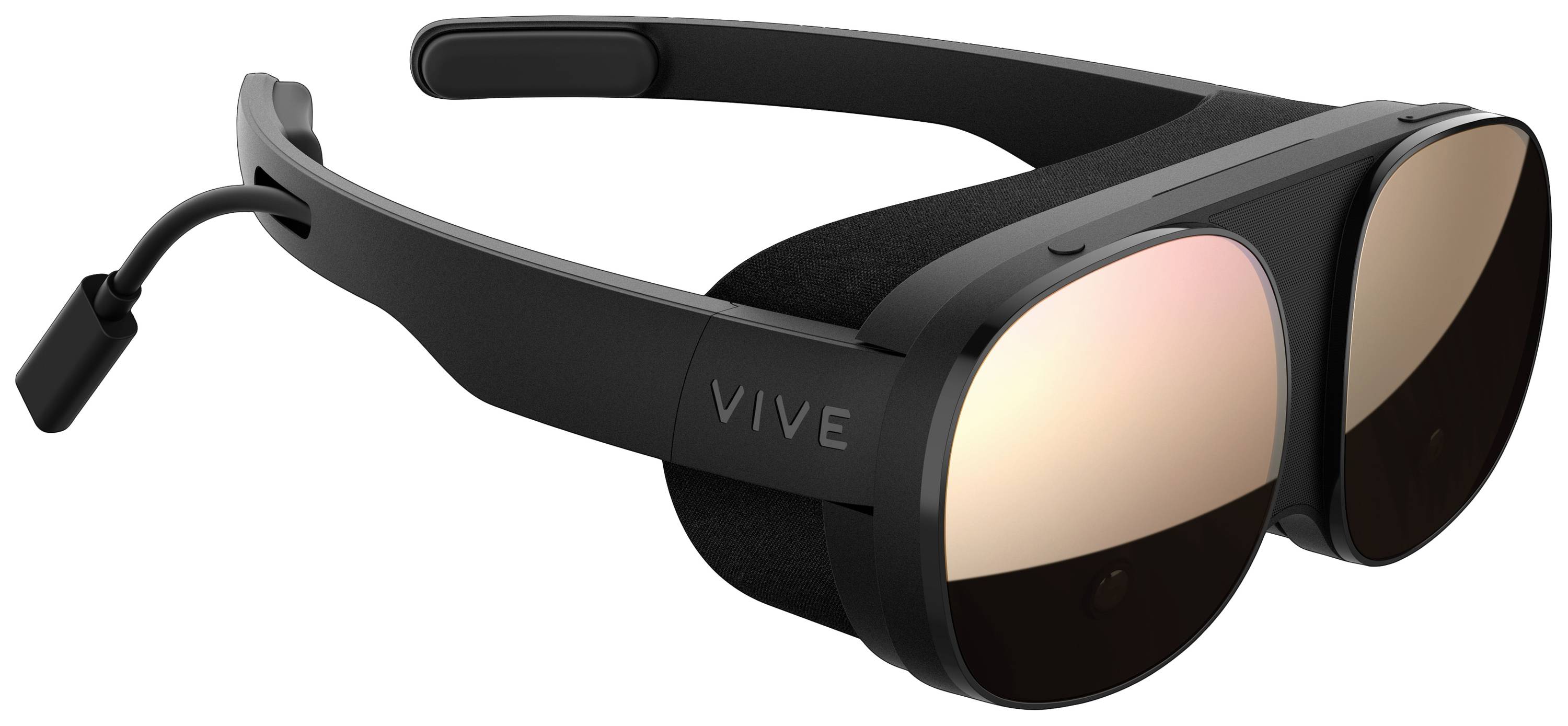 A virtual reality headset with 'VIVE' printed on it, black design, large round lenses.