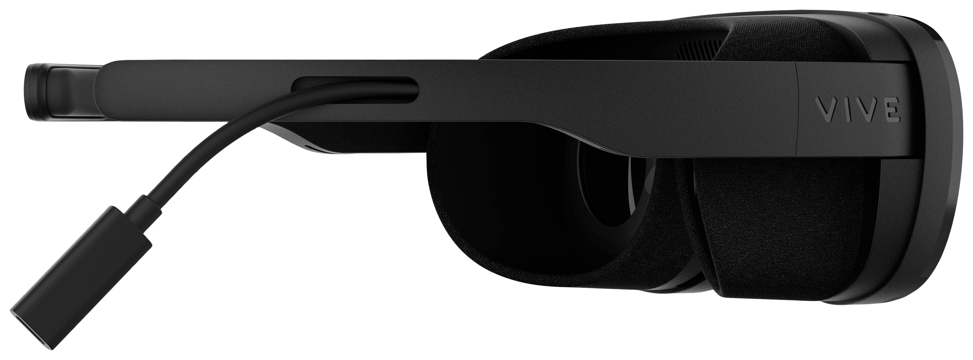 Side view of a black VR headset with cable. The device has a simple, modern form with the inscription VIVE.