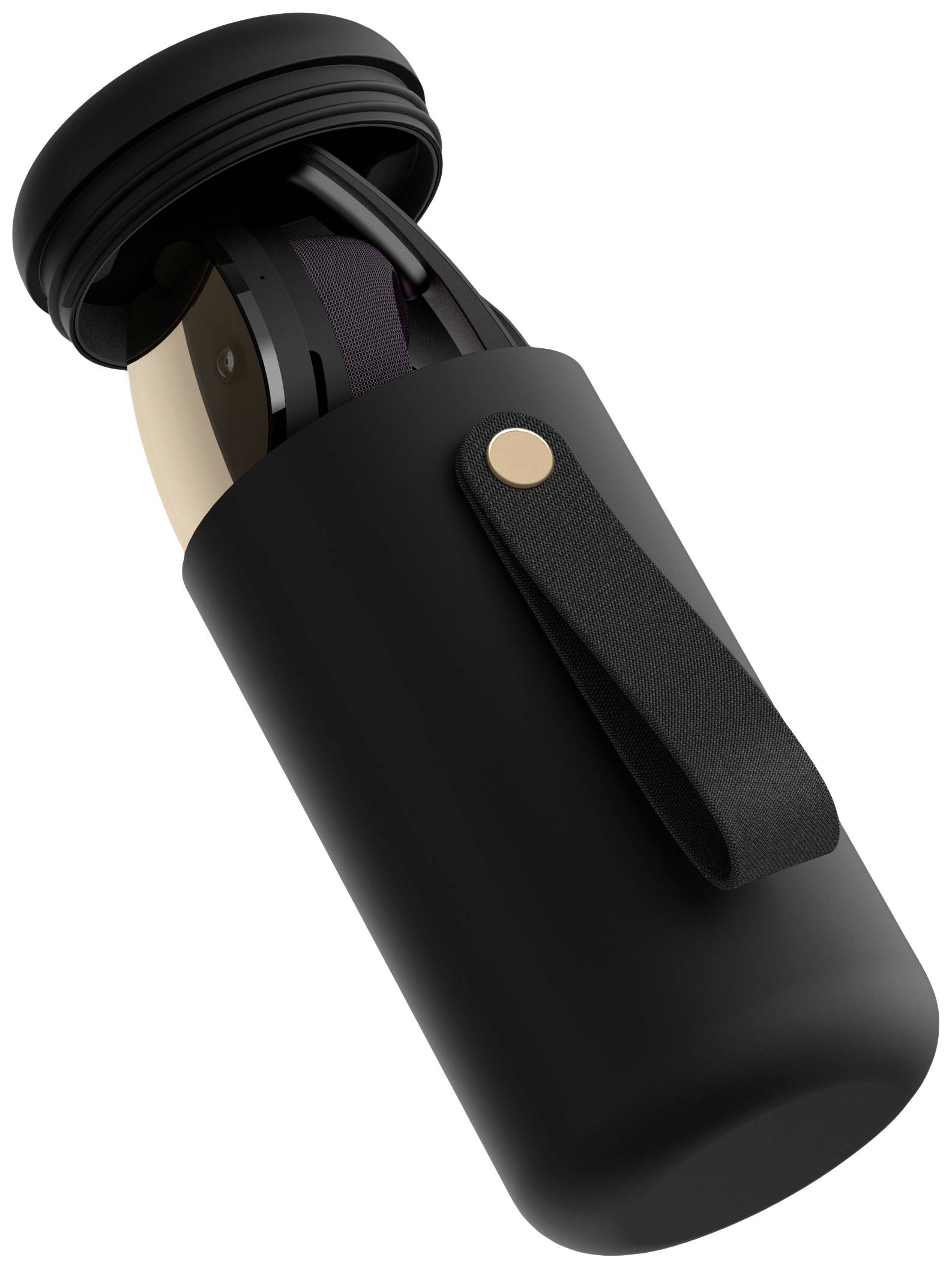 A black transport case with a carry loop, in which headphones are stored.