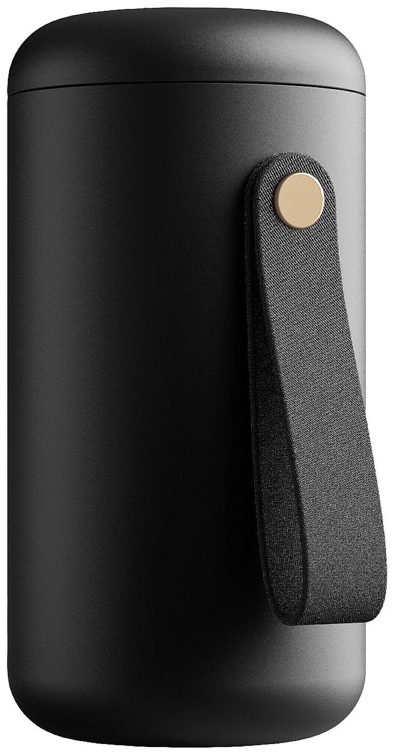 Black cylindrical thermal mug with a carrying handle and gold-coloured button on the side, in an upright position.