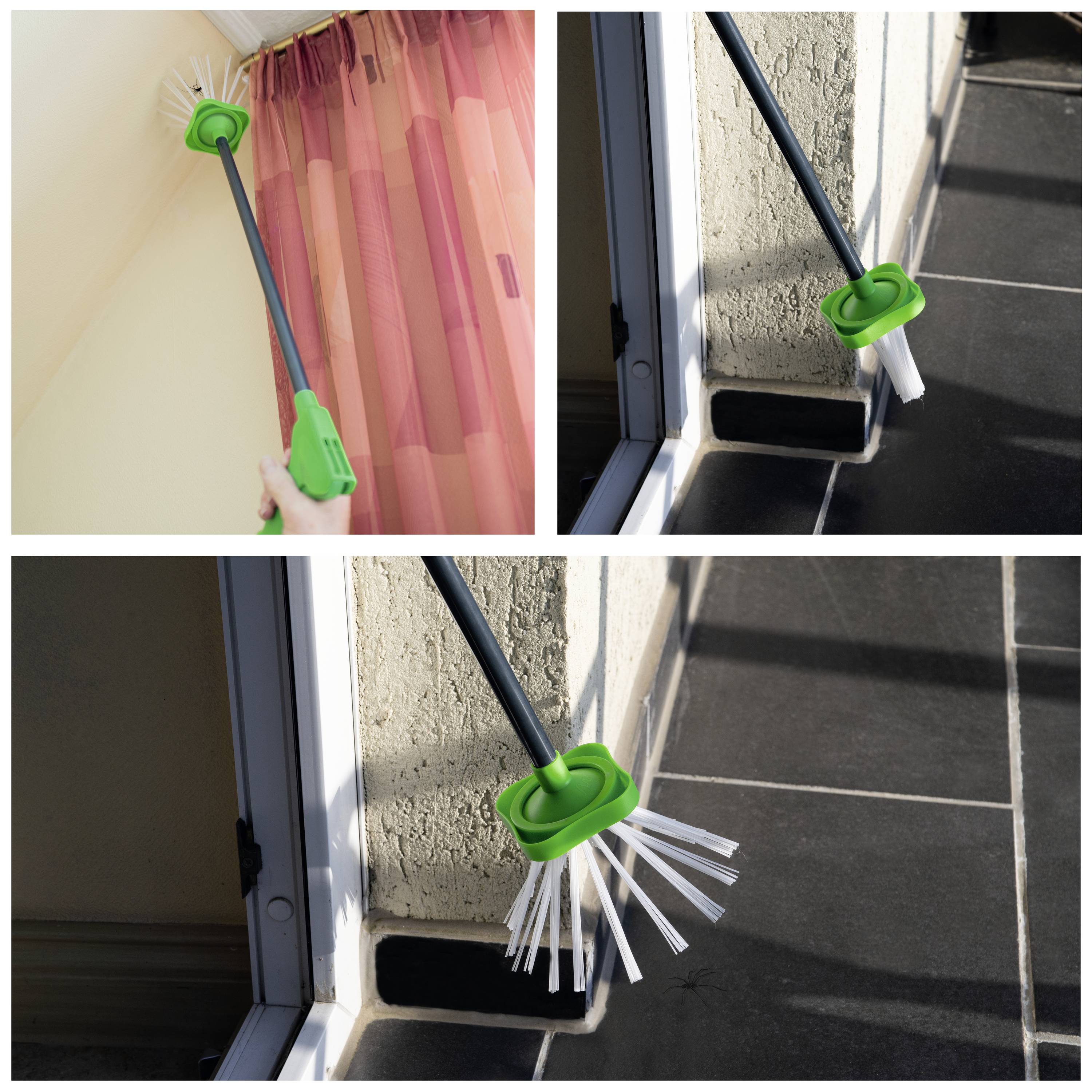 A long brush with a green handle is used to clean corners and skirting boards in a house, including hard-to-reach areas.