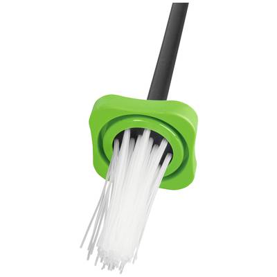 Brush head with white bristles and green holder, connected to a black handle, for cleaning or maintenance.