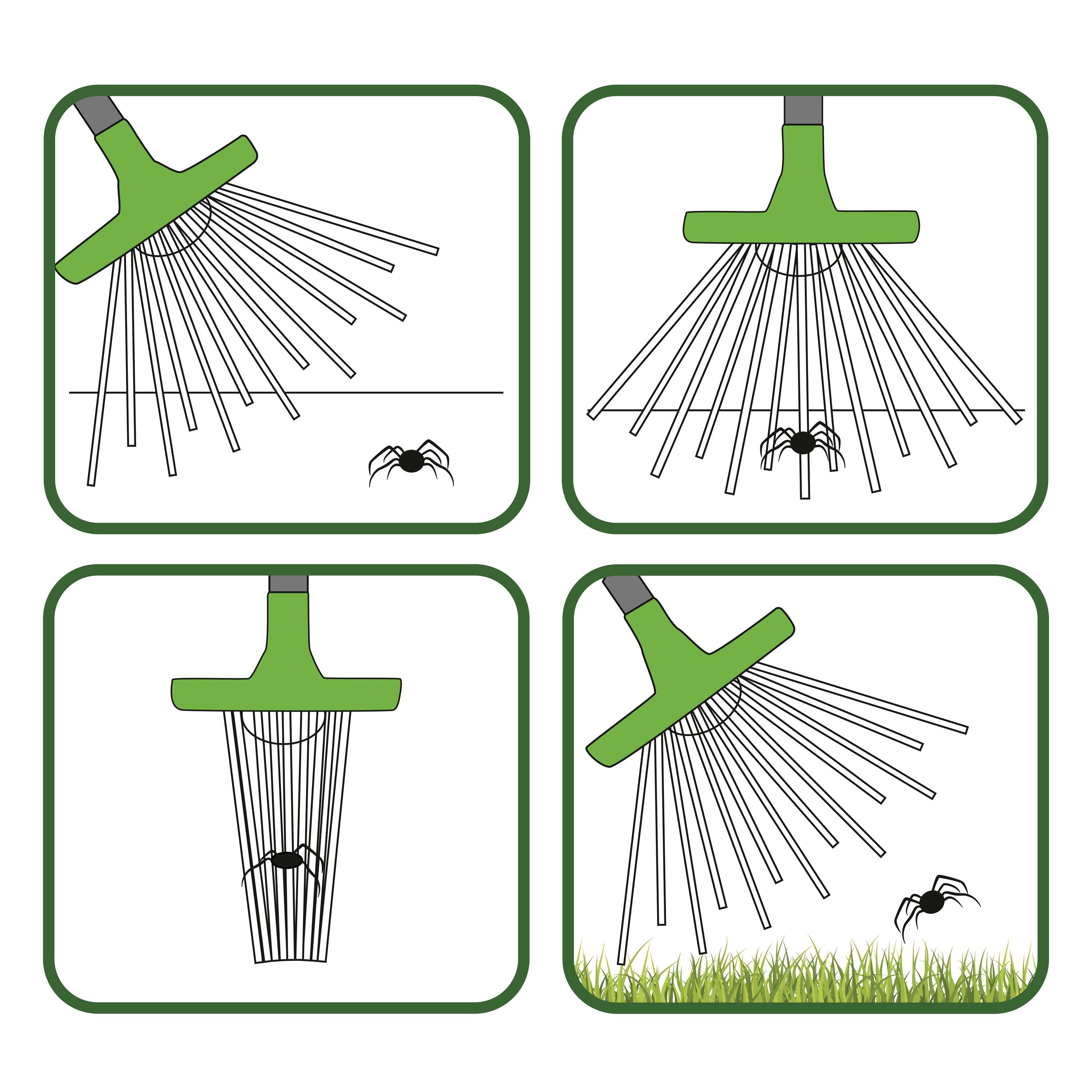 A diagram shows a rake in various positions, removing leaves with a spider symbol.