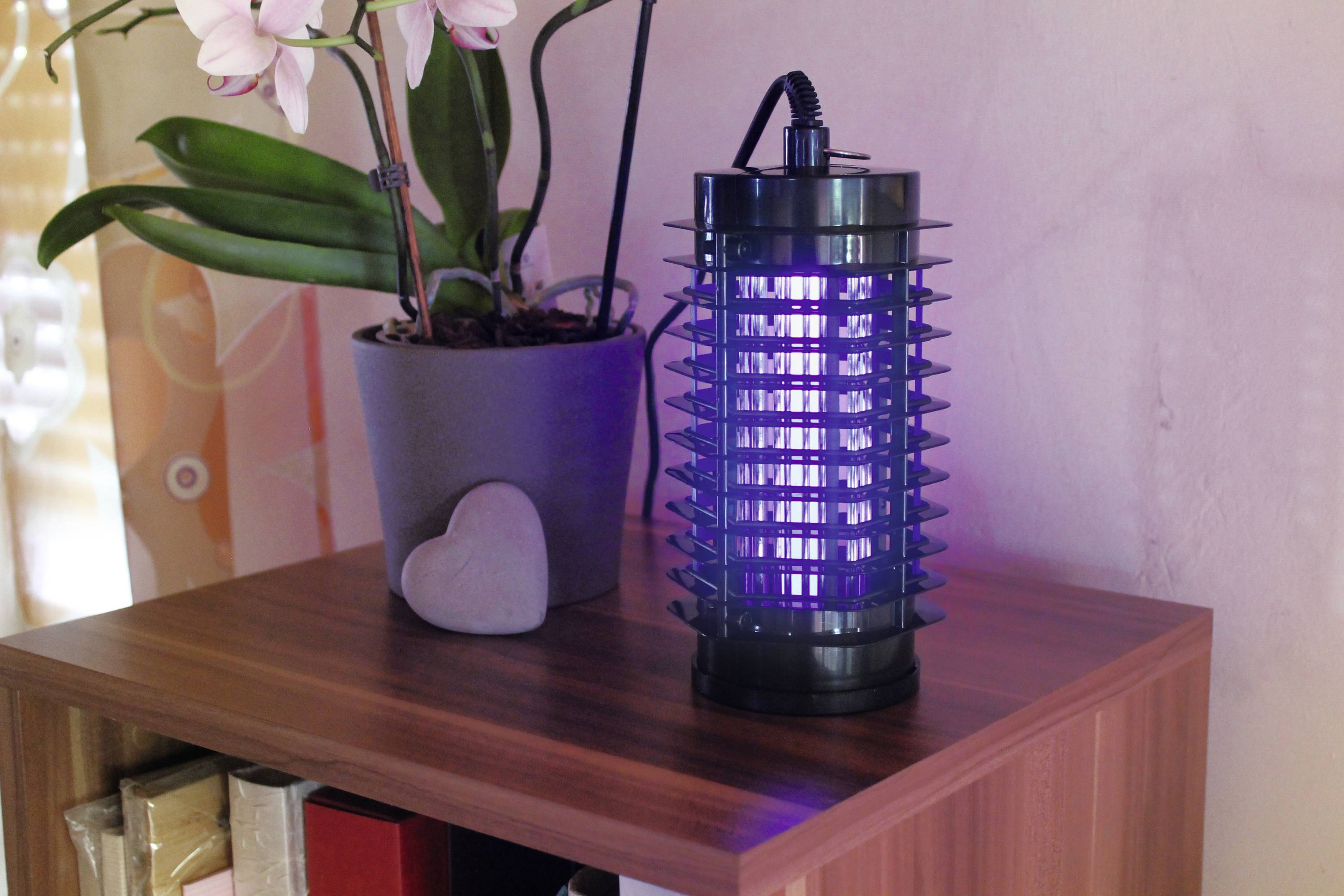 An electric insect killer device stands on a wooden table next to an orchid plant and a heart-shaped stone.