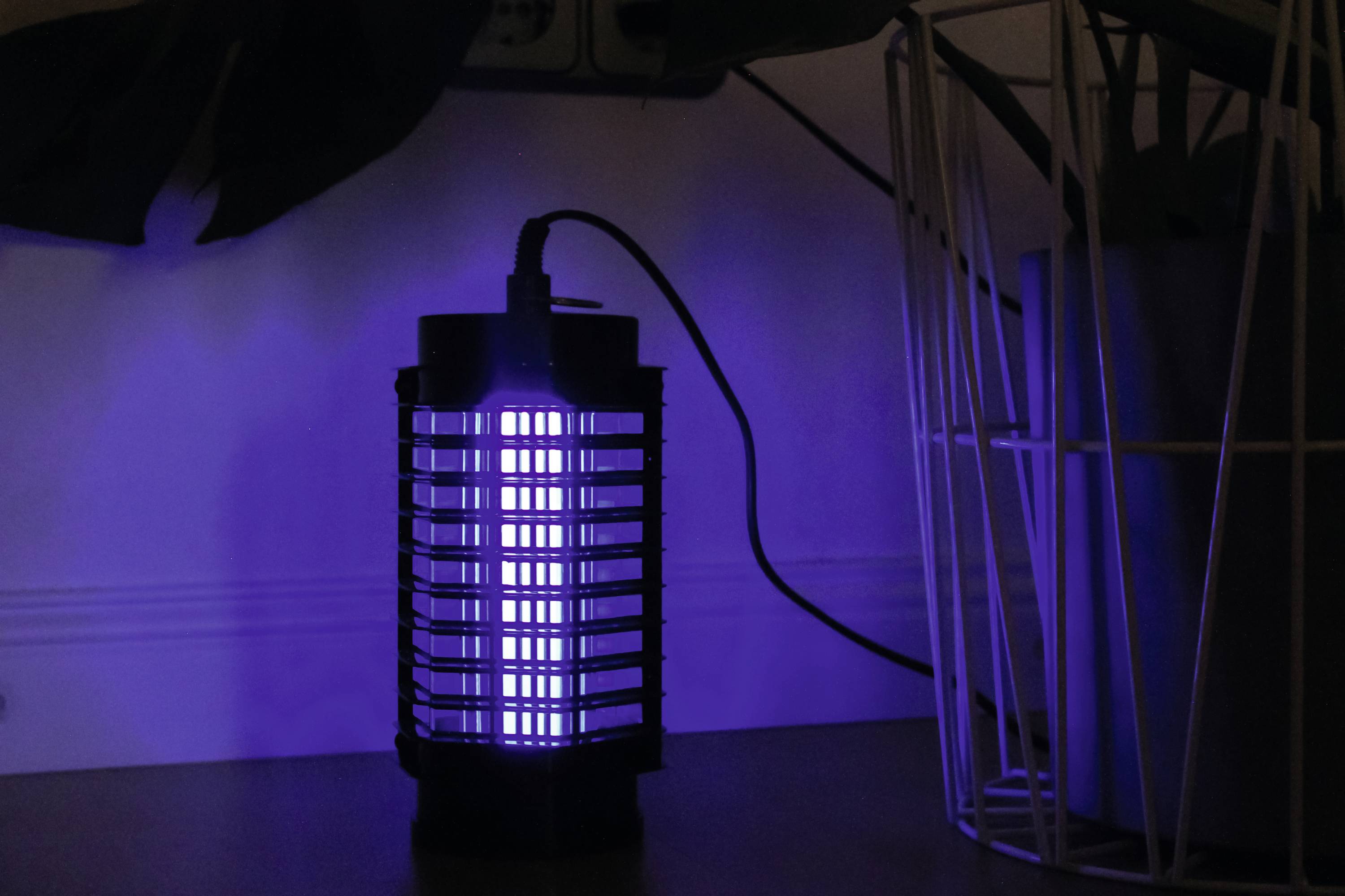 An electric insect trap on a table, emitting a violet light to attract insects.