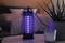 In a dimly lit room, an electric insect trap with violet light sits on a table next to a houseplant and a glass.