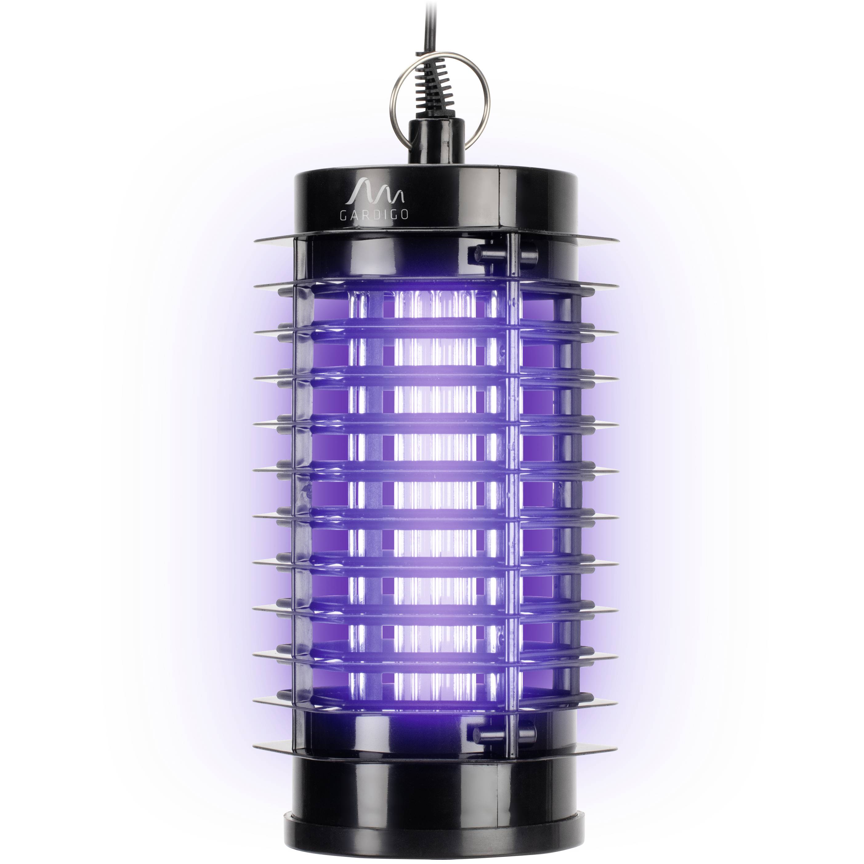 A black electric insect killer device with bluish UV light that attracts insects. Hanging mechanism on top.