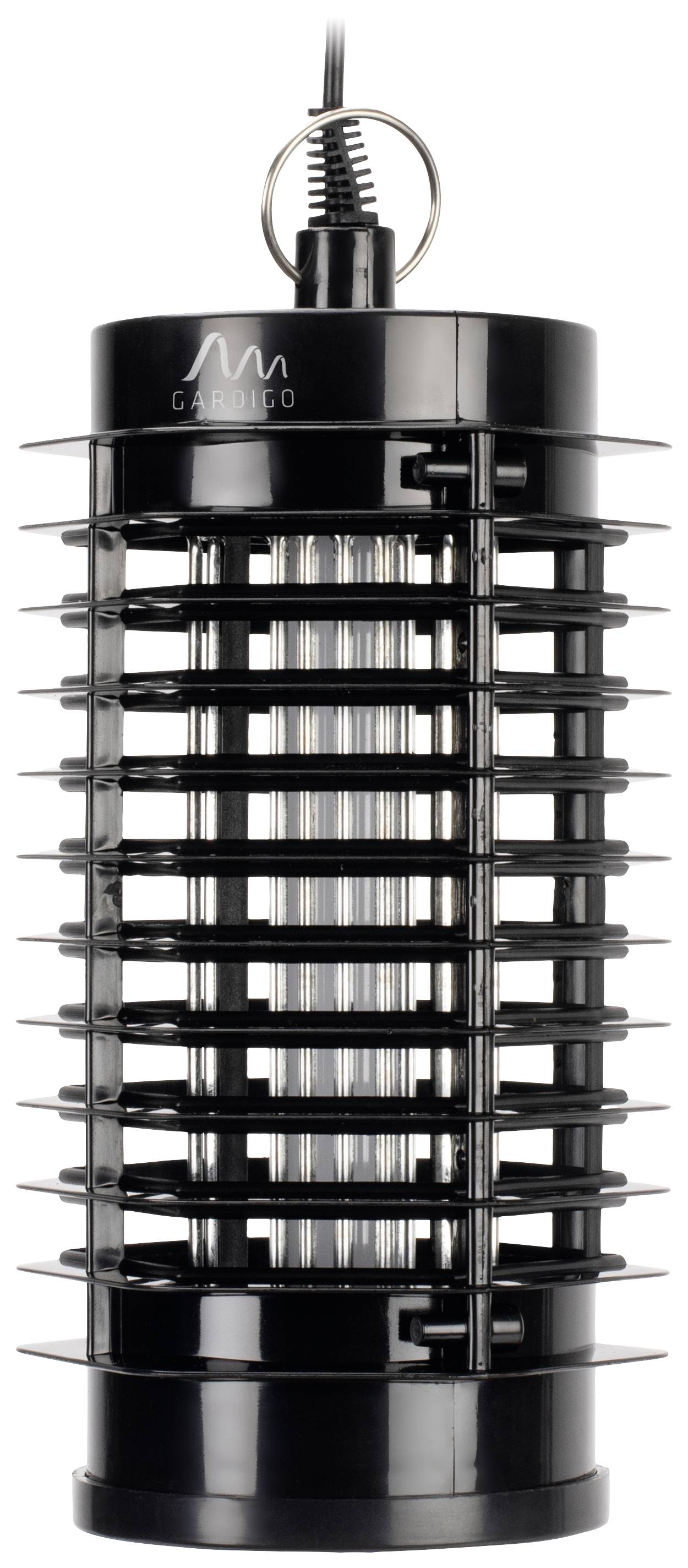 A black electric insect killer with a small ring for hanging. Vertical grids surround the luminous UV light inside.