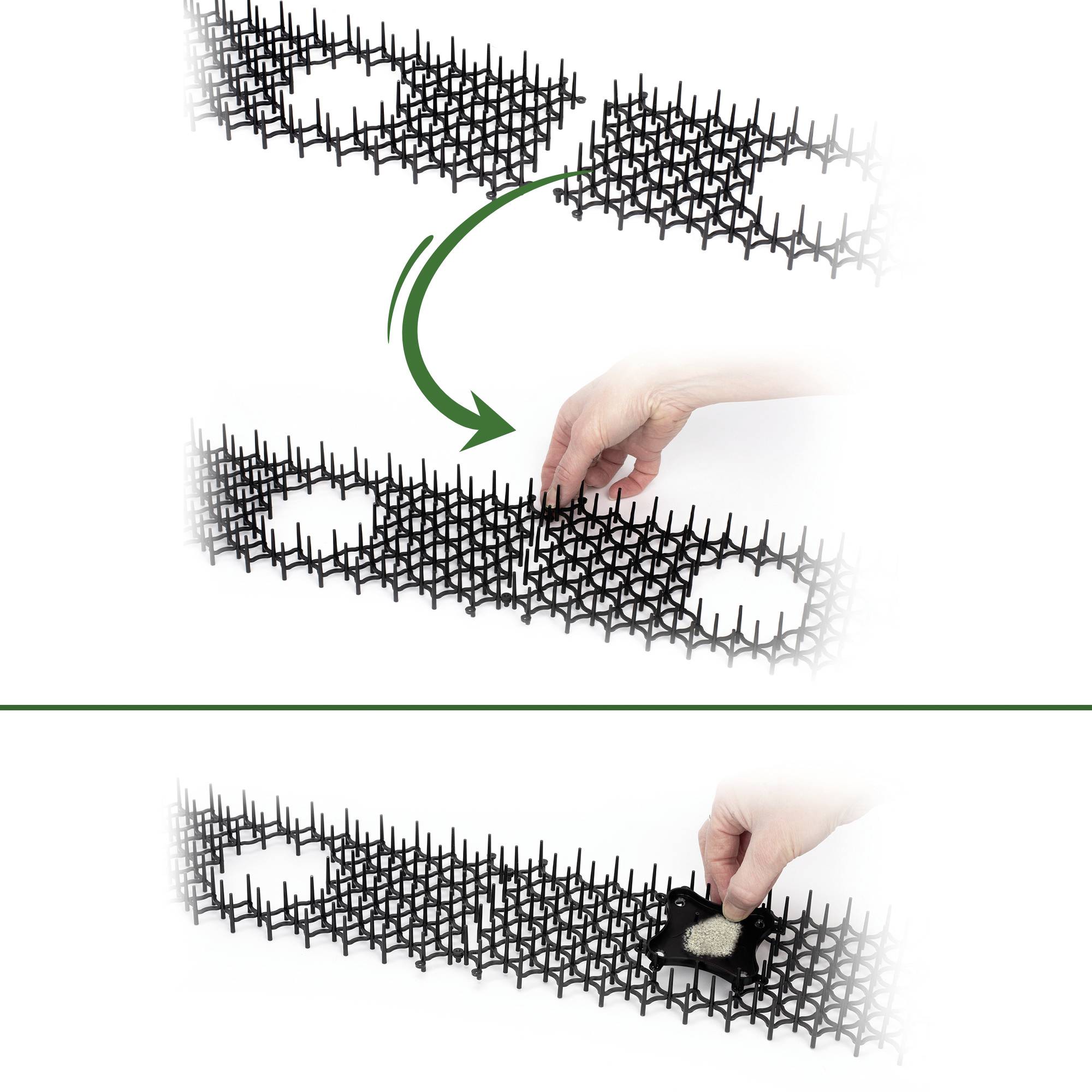 'Easyfix Ground Reinforcement Grid': Upper half of the image shows hand hooking grid pieces together. Lower half: Hand placing stone in grid opening.