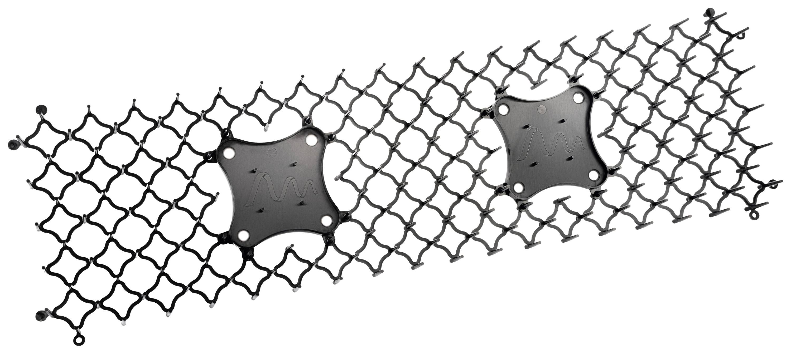 Black, grid-like plastic pattern with two rectangular plates; possibly a structural or decorative component.