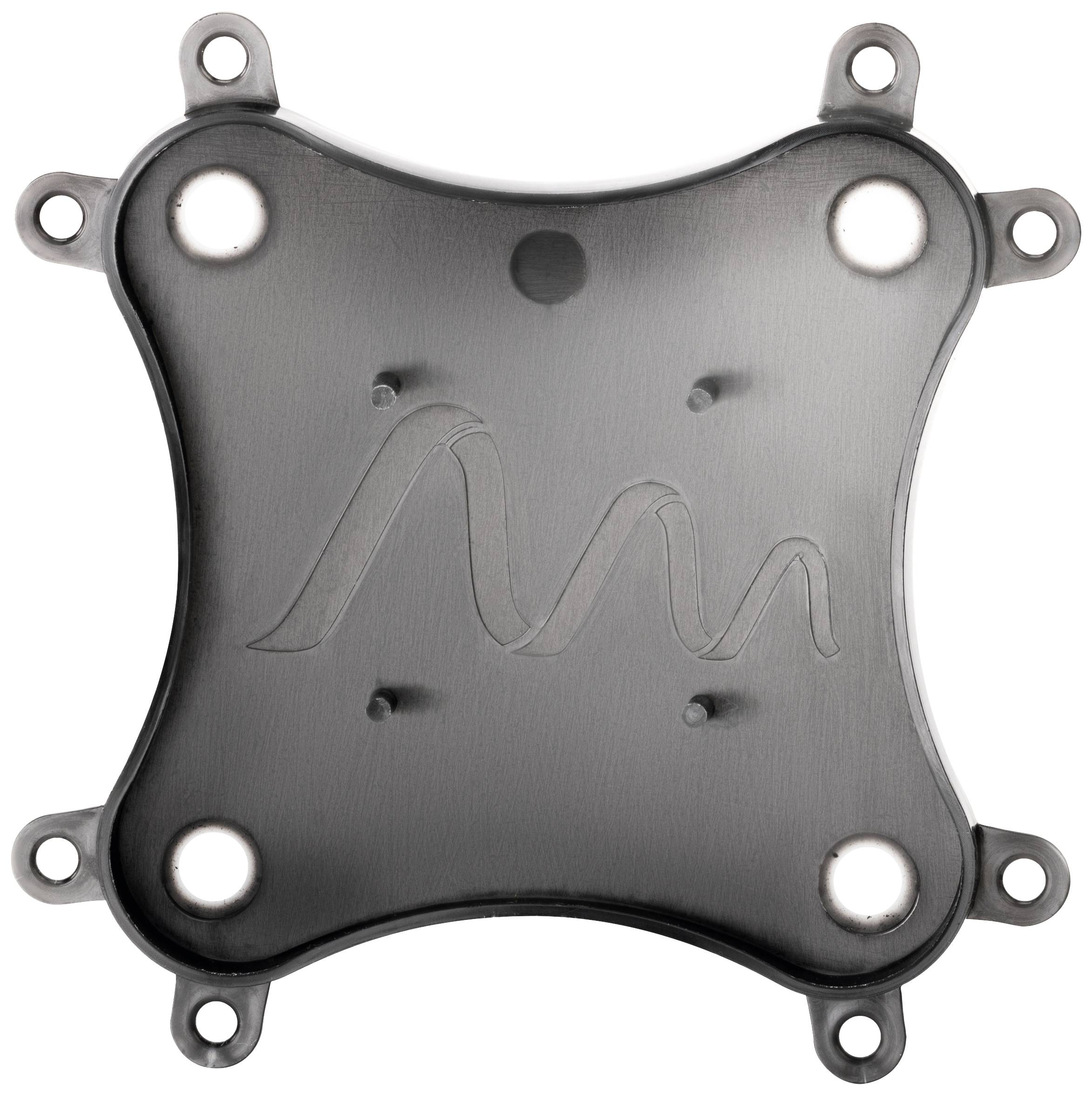 Black, square metal piece with four rounded corners and an engraved symbol in the centre, surrounded by eight fixing holes.