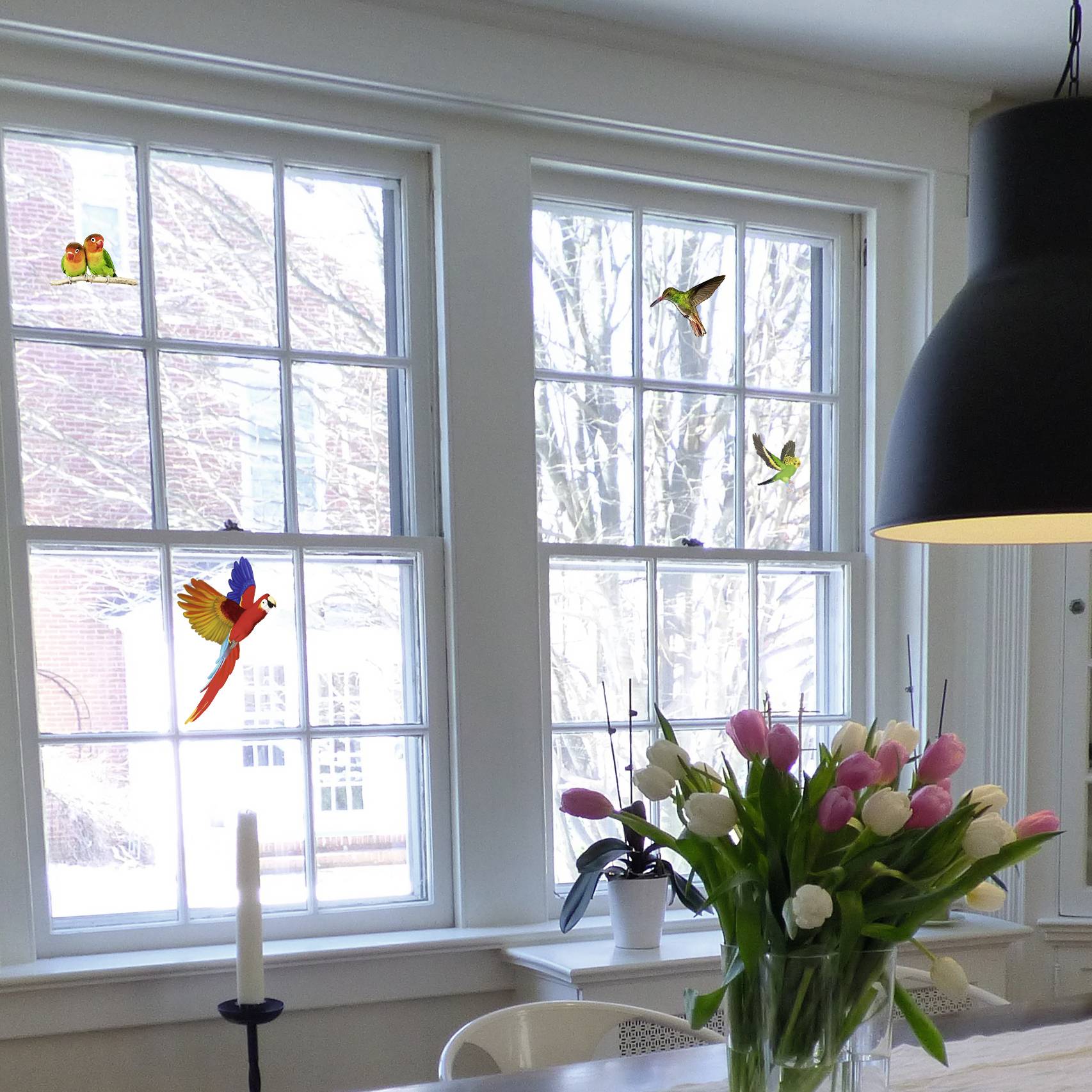 A bright room with large windows, tulips in a vase on a table, and colourful bird stickers on the windows.