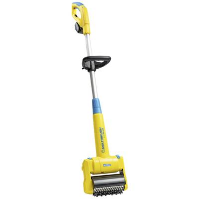 A yellow, electric cleaning device with a long handle and rotating brushes for floor cleaning, ideal for carpets.