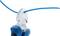 A hand holds a crimping pliers cutting through a blue cable. Pliers head made of chromium-vanadium.