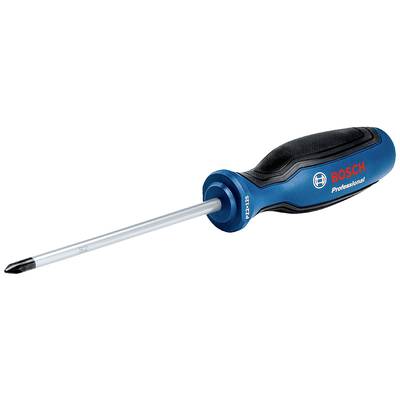 Bosch Professional screwdriver, Phillips head, blue handle with black rubber grip, metal tip. Suitable for precision work.