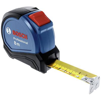 A blue measuring tape with the inscription 'BOSCH Professional 8m', stretched out on a table, shows centimetre and inch markings.