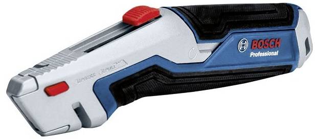 A Bosch professional utility knife with a retractable blade and ergonomic grip, displaying a red safety slide and blue-black handle design.