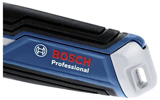 Close-up of a 'BOSCH Professional' tool handle, featuring a blue and black grip design with a loop at the end for hanging.