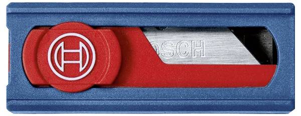 A blue and red box cutter with a visible 'Bosch' logo on the metal blade.