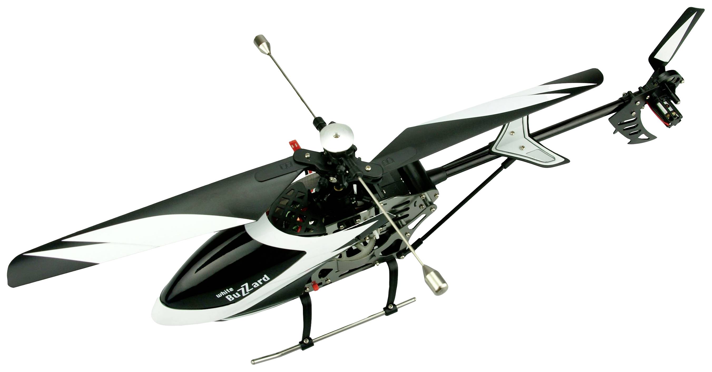 A model helicopter in black and white paintwork. The rotor blades are black and white, and there is a small rotor at the tail.