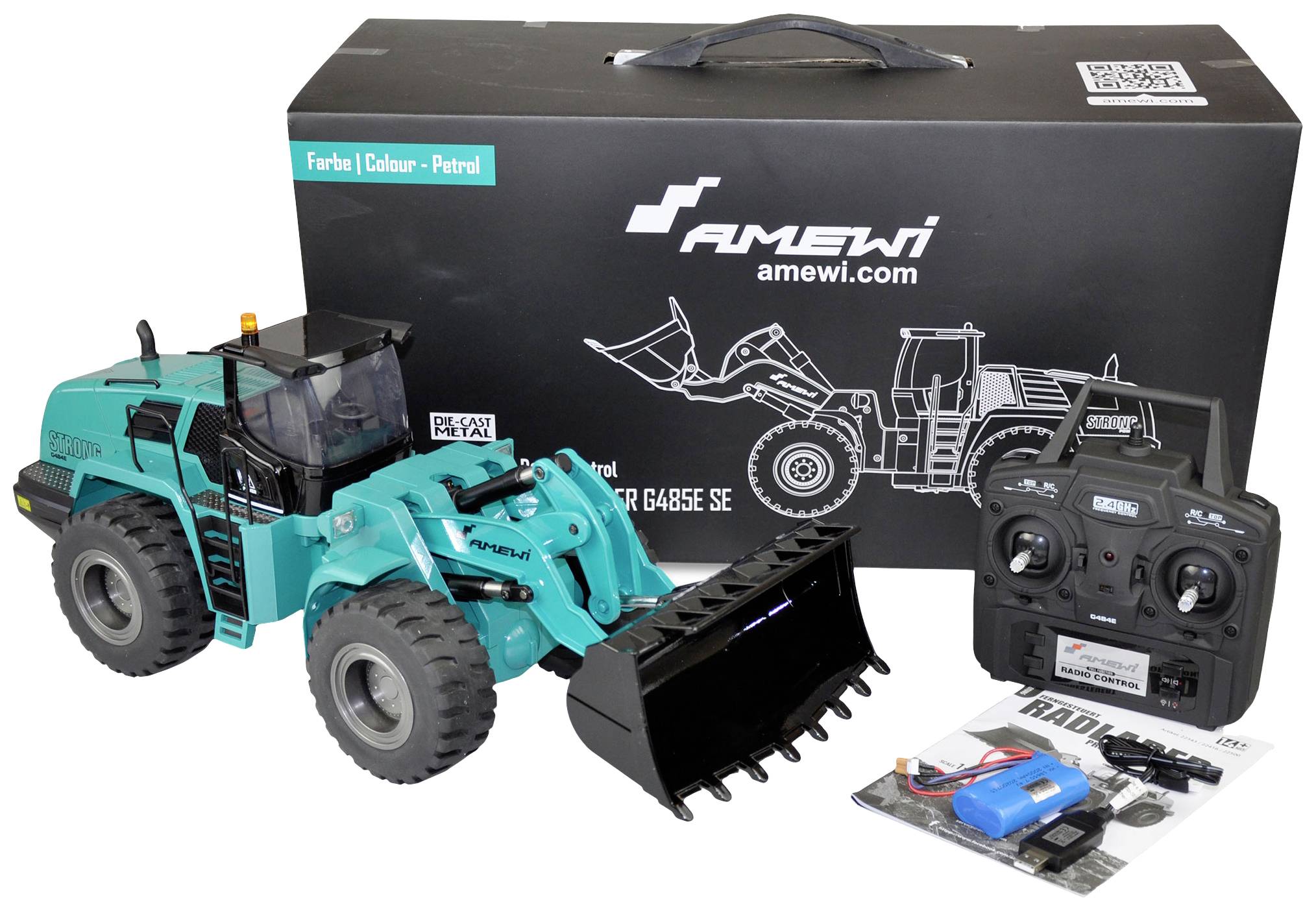 A remote-controlled toy digger with remote control and accessories in front of a black packaging with the inscription 'Amewi'.