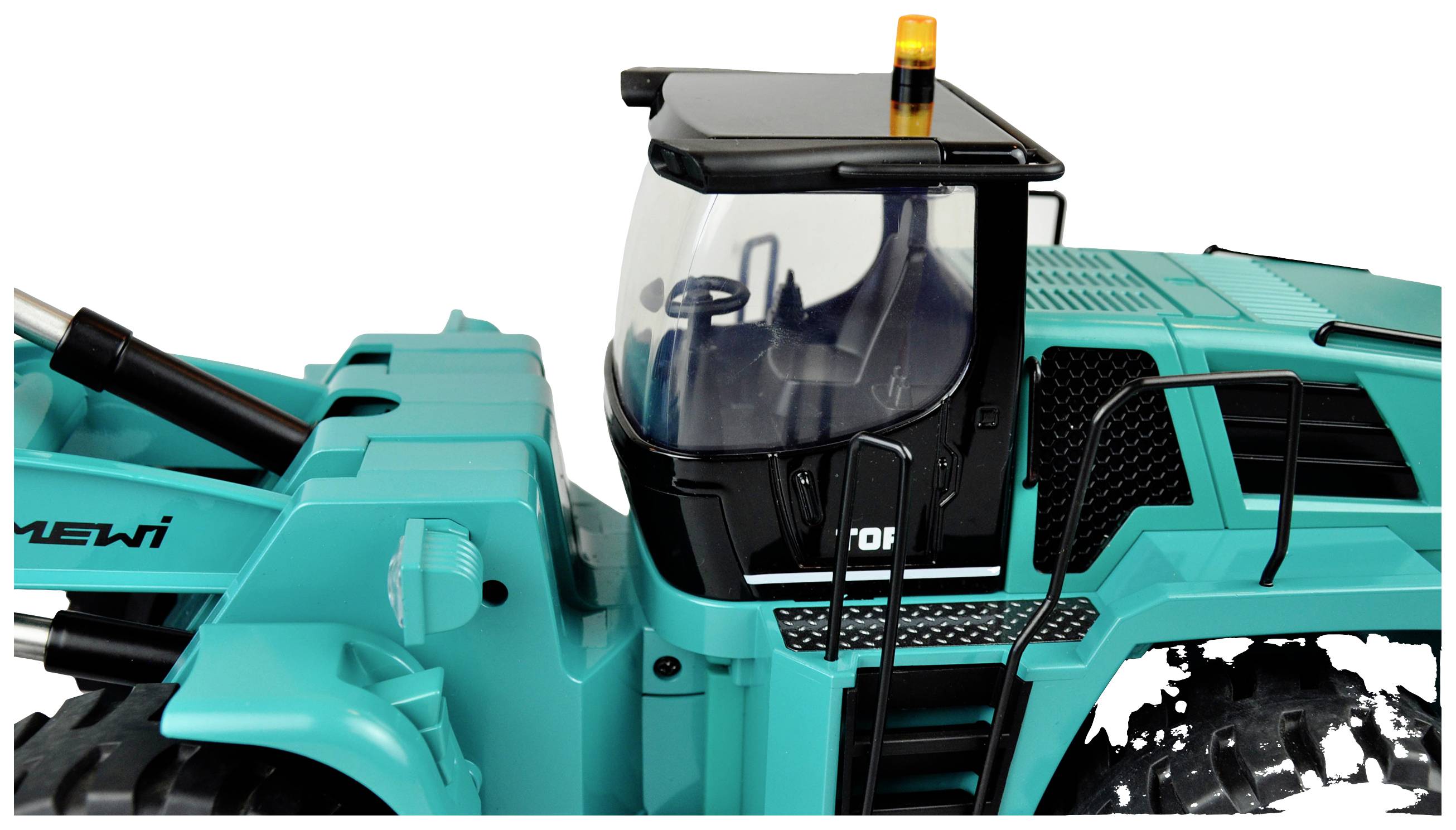 A turquoise toy tractor with a cab and an orange light on the roof. Plastic construction with detailed features.
