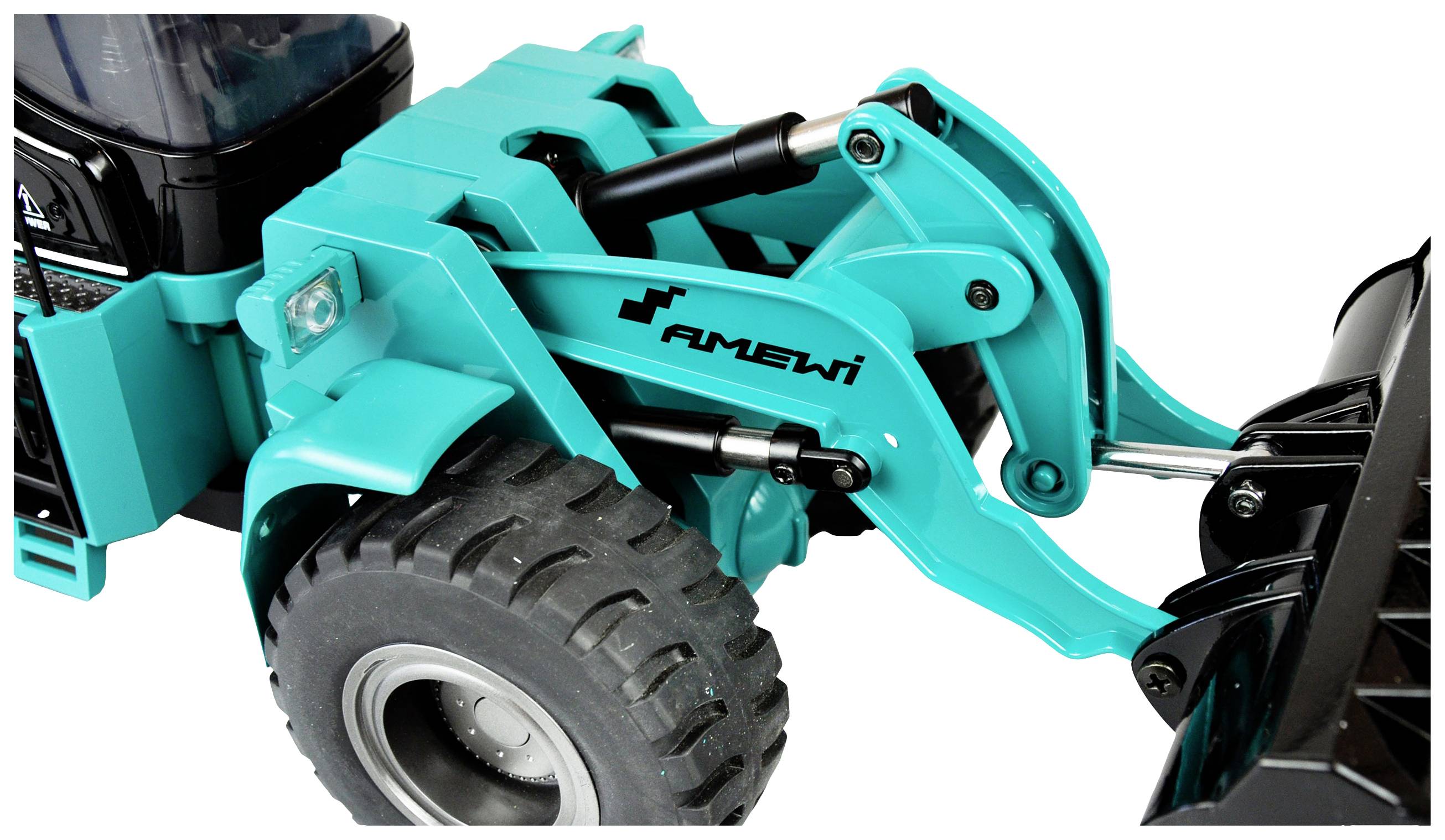 A turquoise toy digger with a movable bucket, the brand 'Amewi' is visible on the arm.