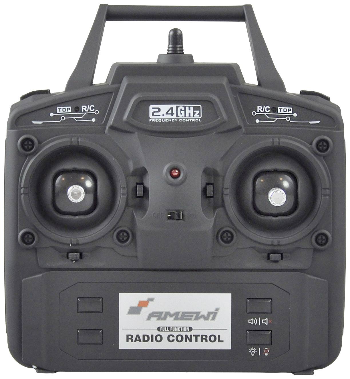 'Black remote control with two joysticks, switches and 2.4 GHz frequency control for remote-controlled devices.'