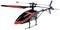 A remote-controlled helicopter with red and black design, showing rotors and stabilisation bars in a side view.