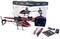 Toy Helicopter Set: Includes remote-controlled helicopter, remote control and accessories. Helicopter in red and black, 2.4 GHz technology. Packaging and instruction manual in the background.