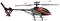 A remote-controlled helicopter with red and black design, shown from the side. Details of rotor blades and landing gear visible.
