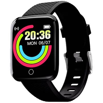 A black smartwatch displays the time '20:36' and the date 'MON 06/07'. Coloured rings indicate activity goals.