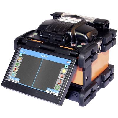 A splice machine with a digital display shows operating modes and settings. The device has a robust construction and functions for optical fibre connection.