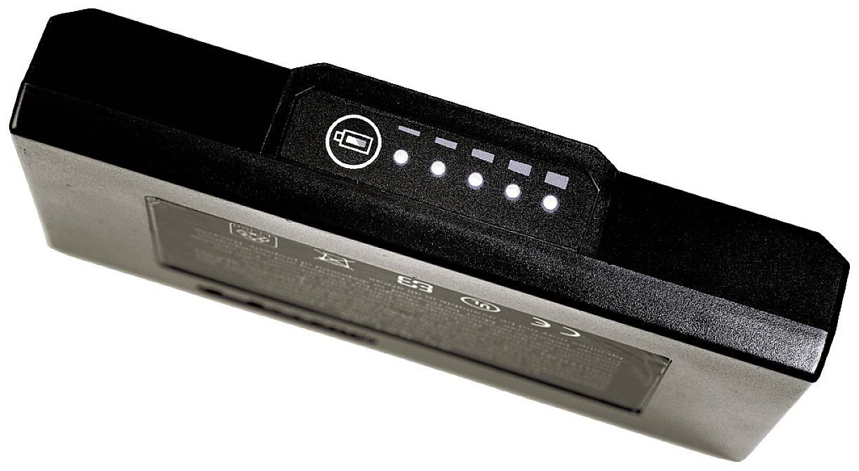 Black laptop battery with five illuminated LEDs indicating the charge status. Battery symbol beside it.<br><br>Note: The translation is already in British English, as it does not require significant changes from the original text.