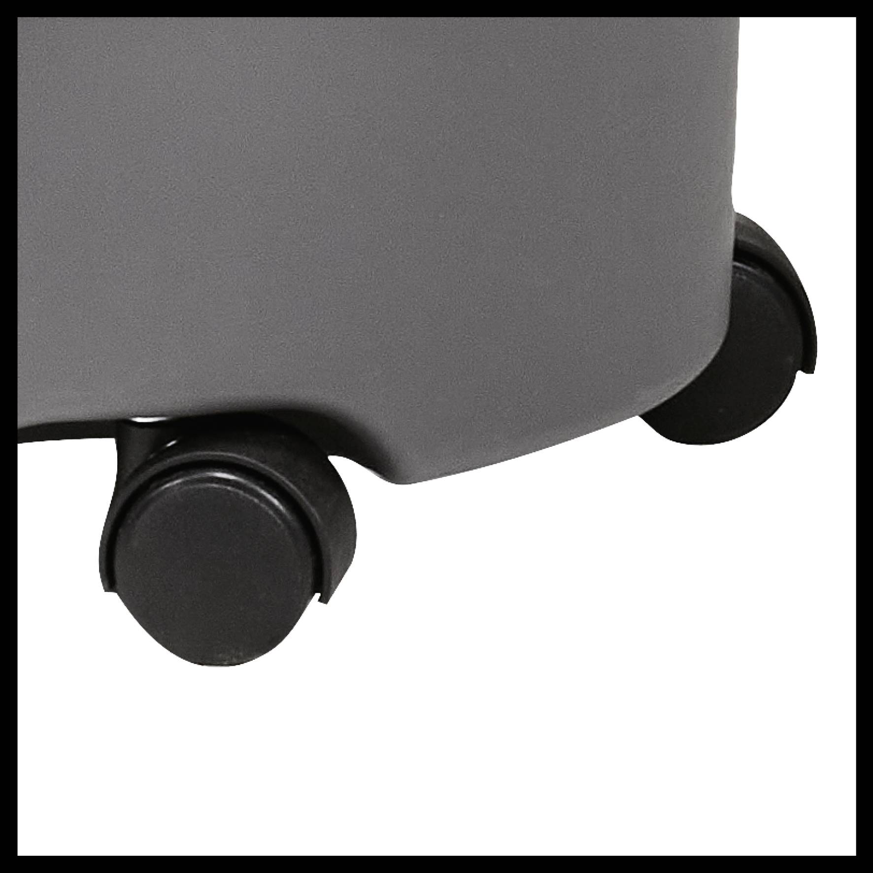 Grey suitcase with black wheels on the underside.