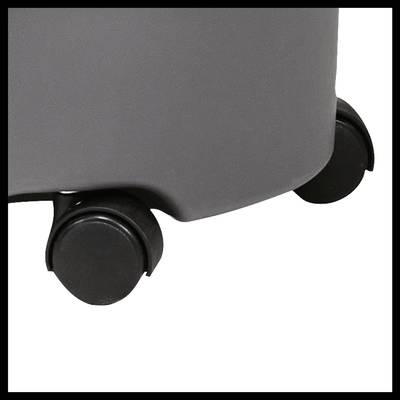 Grey suitcase with black wheels on the underside.