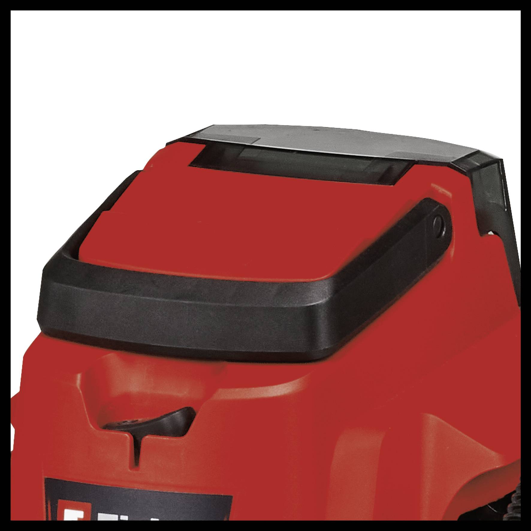 A red vacuum cleaner with a black handle, featuring a rectangular area, potentially a control panel.