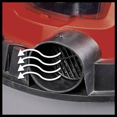 Air flow arrows point away from a round ventilation grille on a vacuum cleaner, representing air circulation.
