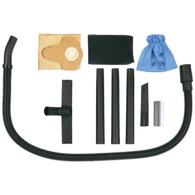 Vacuum Cleaner Accessories: A flexible hose, various adapter attachments, replacement bags, foam filters, and a blue dust bag.