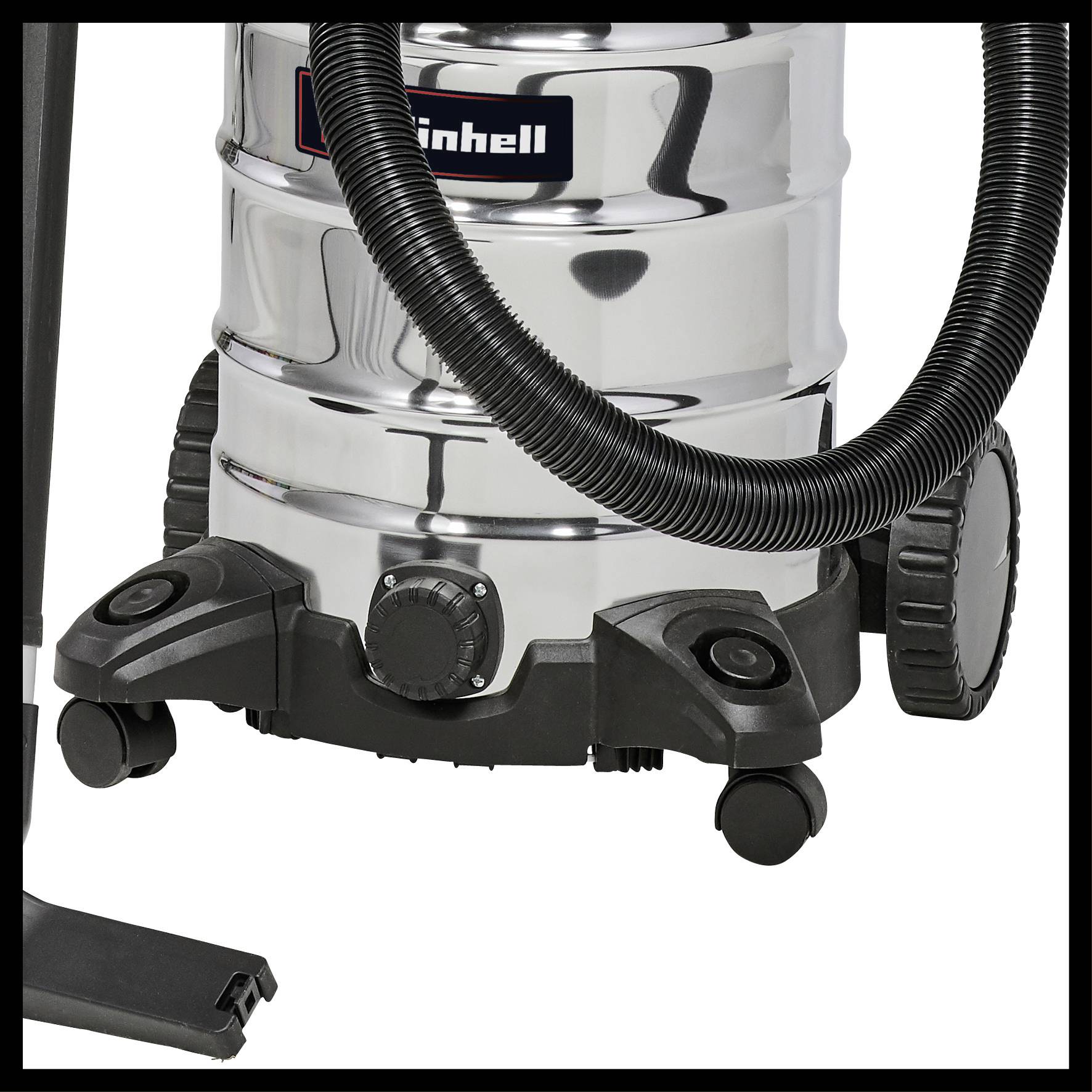 A silver industrial vacuum cleaner with a black hose and wheels.