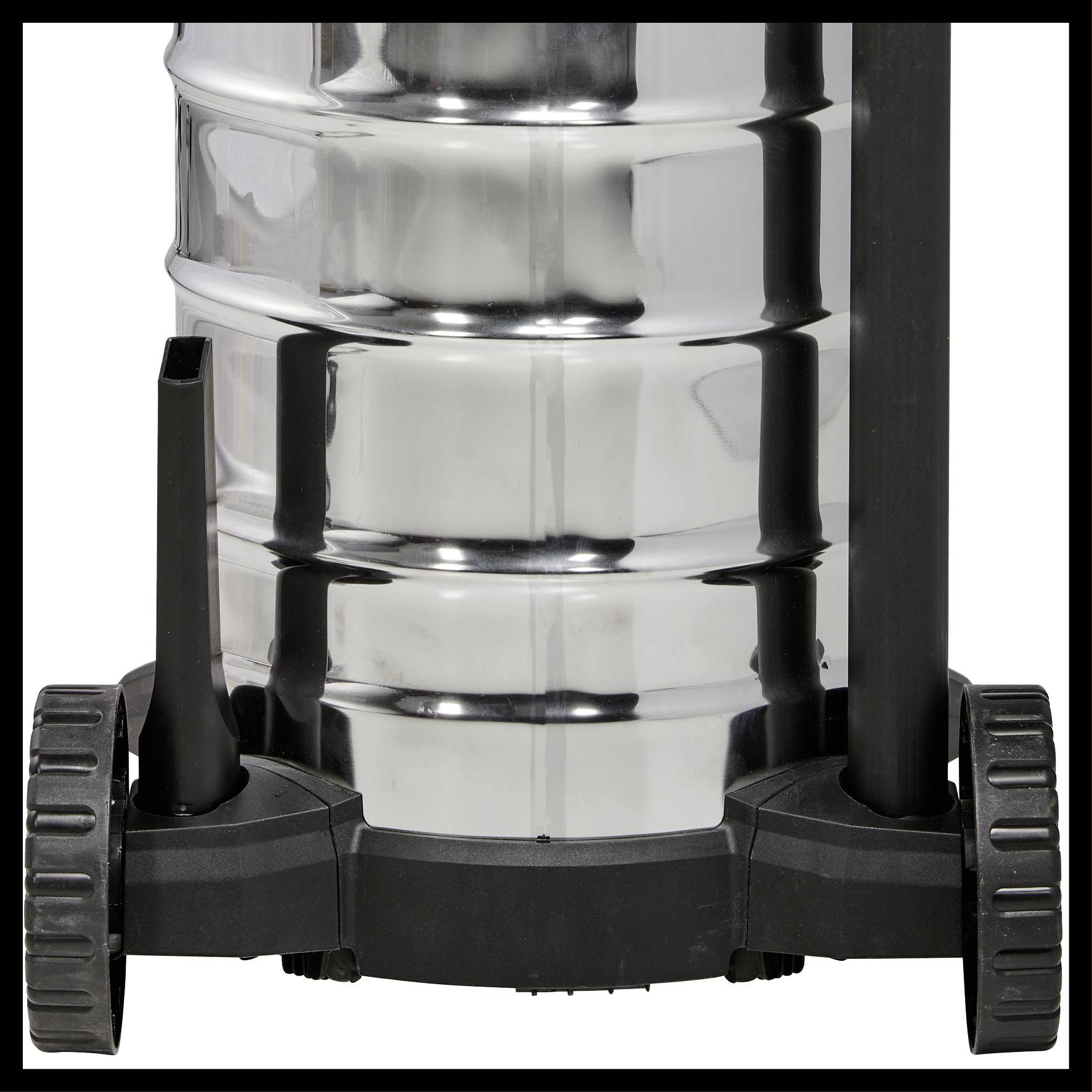 A chrome-plated steel container mounted on a mobile black plastic frame with large wheels.